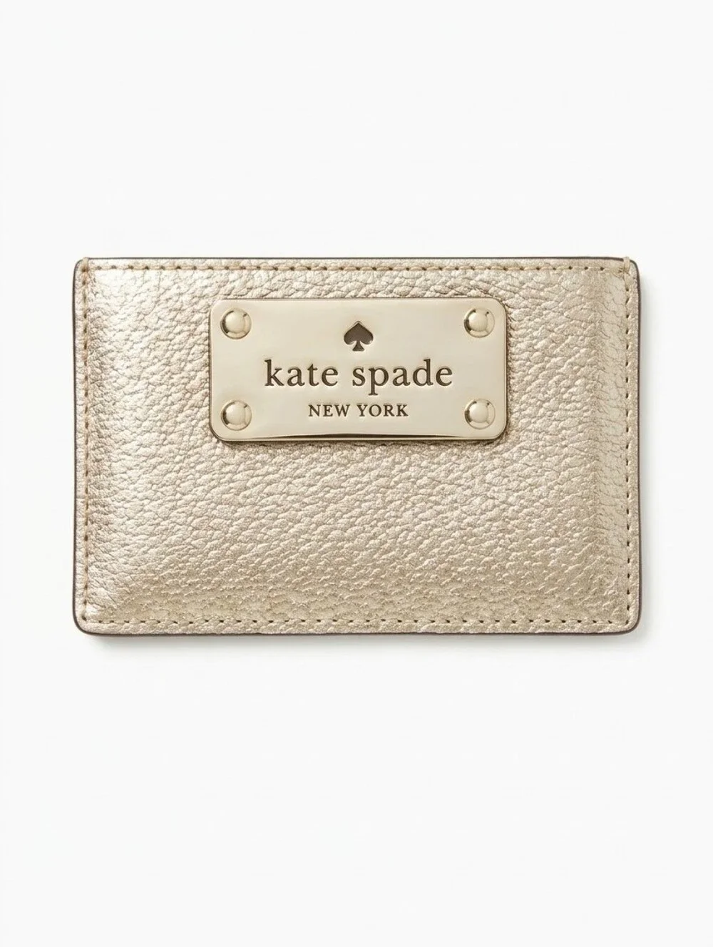 kate spade Metallic Gold Pebbled Leather Card Holder with Logo Plaque
